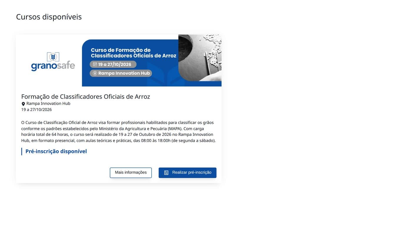 Tela do portal Grano Educação com o curso de Formação de Classificadores Oficiais de Arroz aberto para pré-inscrição